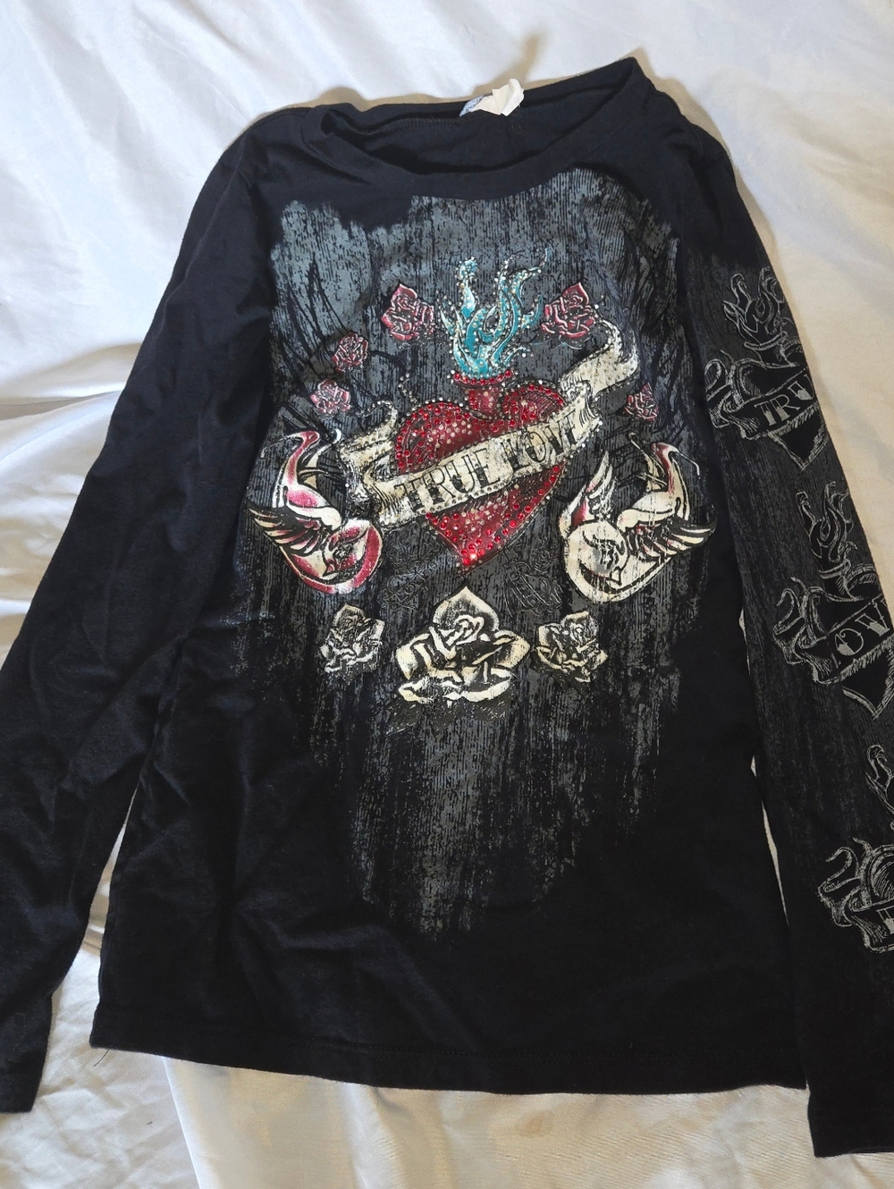 Vintage Y2k Beverly Hills Women's Black T-shirt True Love With Rhinestones